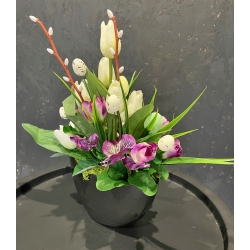 WIOSENNY Stroik kompozycja do domu z zajączkiem BRATKI KROKUSY TULIPANY